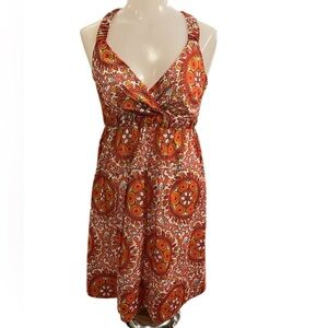 Calvin Klein Orange and Gold Floral A-Line Midi Dress size 10